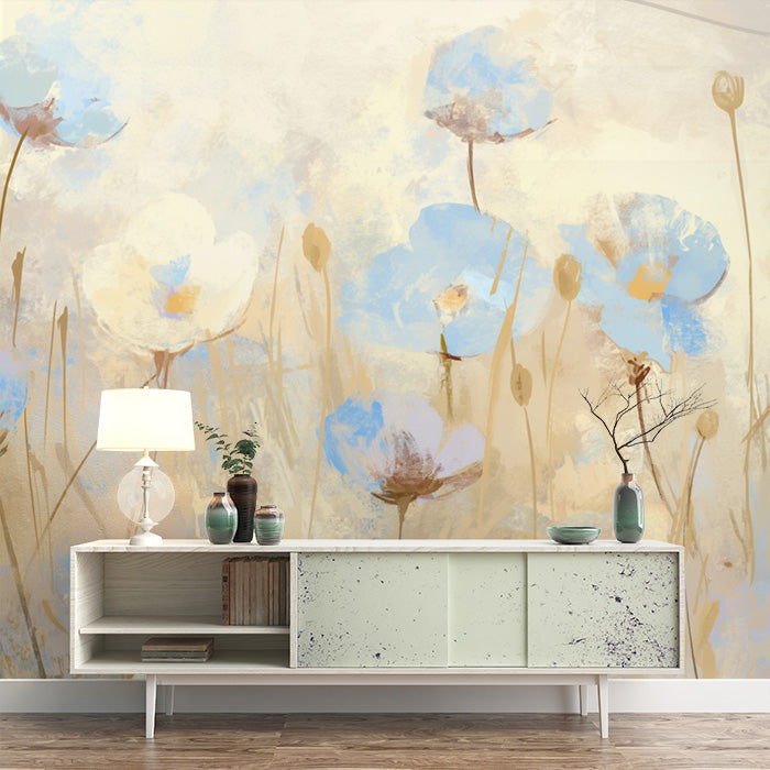 Carta da parati murale con campo di fiori blu per studio | Blu beige e fiore marrone