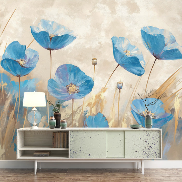 Papel tapiz mural de campo de flores azules para la sala de estudio | Azul beige y flor marrón