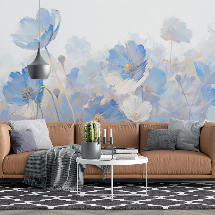 Carta da parati murale con campo di fiori blu per un soggiorno | Blu beige e fiore marrone
