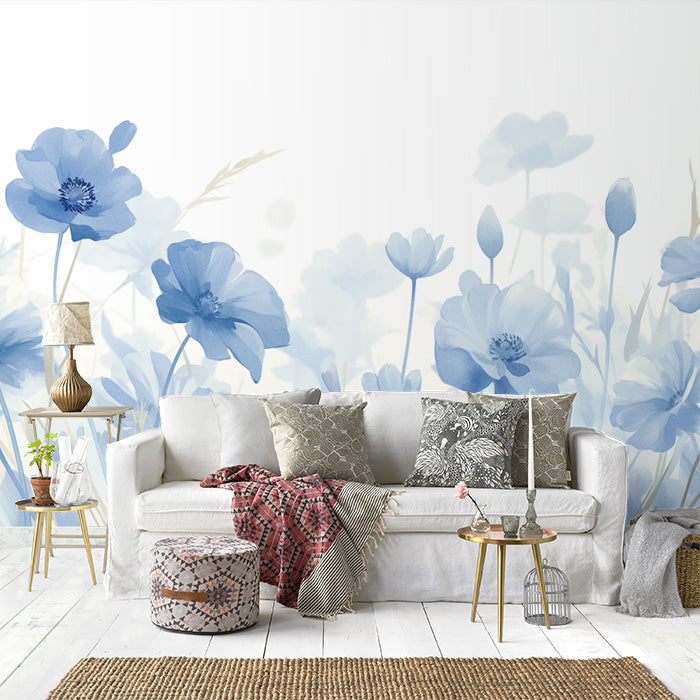 Carta da parati murale con campo di fiori blu | Blu beige e fiore marrone