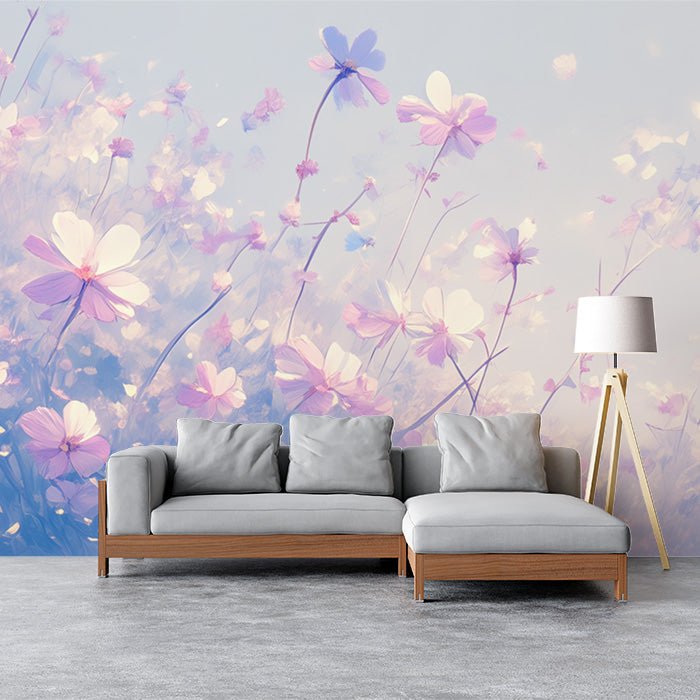 Carta da parati murale con campo di fiori rosa e viola | Fiore rosa, viola, blu e bianco