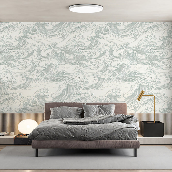 Stormwave Line Art Mural Wallpaper | Sage on Ivory Wave Pattern