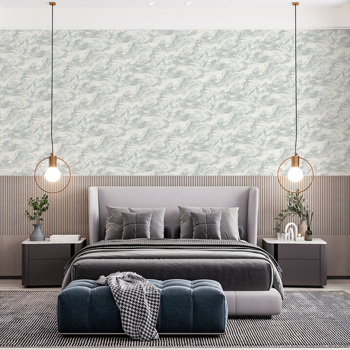Stormwave Line Art Mural Wallpaper | Sage on Ivory Wave Pattern