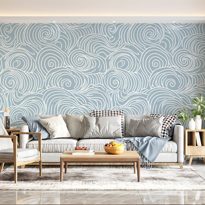 Stormwave Line Art Mural Wallpaper | Sage on Ivory Wave Pattern