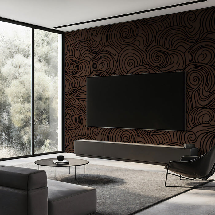 Swirl Pattern Mural Wallpaper | Dark Brown Artistic Lines on Black