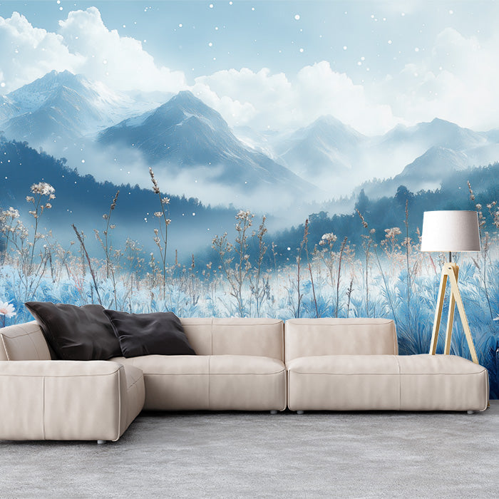 Papel tapiz mural de invierno, montaña y pradera para una sala de estar | Montaña azul, blanco y gris.