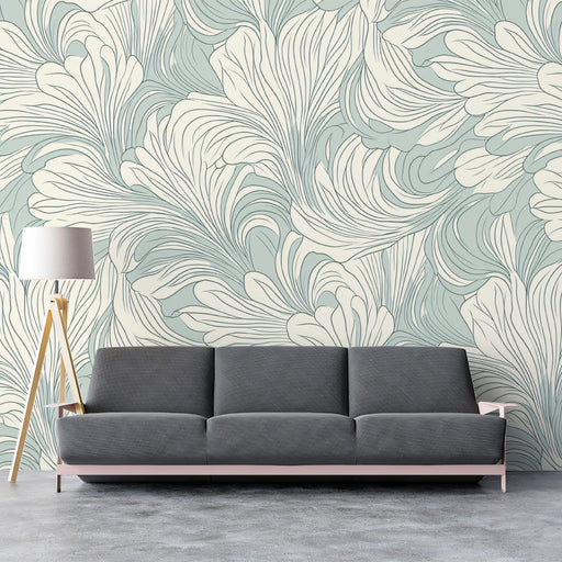 Feathered Wave Mural Wallpaper | Light Green and Ivory Flowing Petal Design
