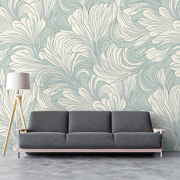 Feathered Wave Mural Wallpaper | Light Green and Ivory Flowing Petal Design
