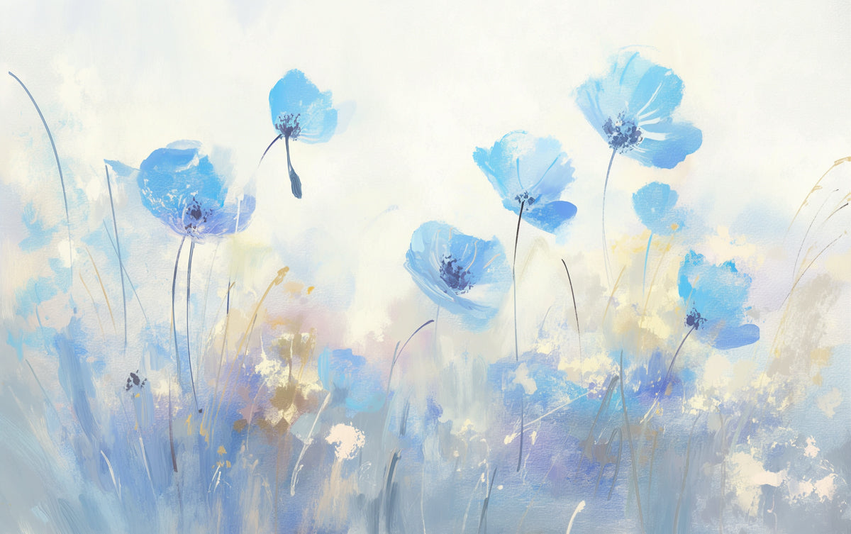 Blaue Blumenfeld-Mural-Tapete für die Wand eines Schlafzimmers | Blau Beige und Braune Blume
