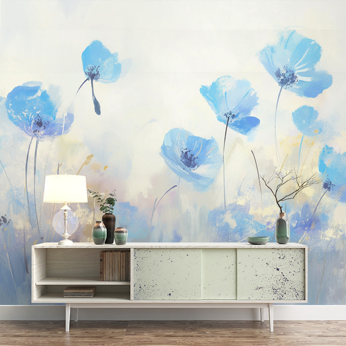 Carta da parati murale con campo di fiori blu per la parete di una camera da letto | Blu Beige e Fiore Marrone