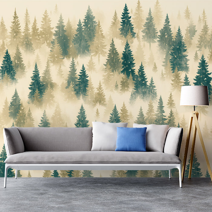 Papel tapiz mural Bosque en la Niebla | Verde Beige y Marrón