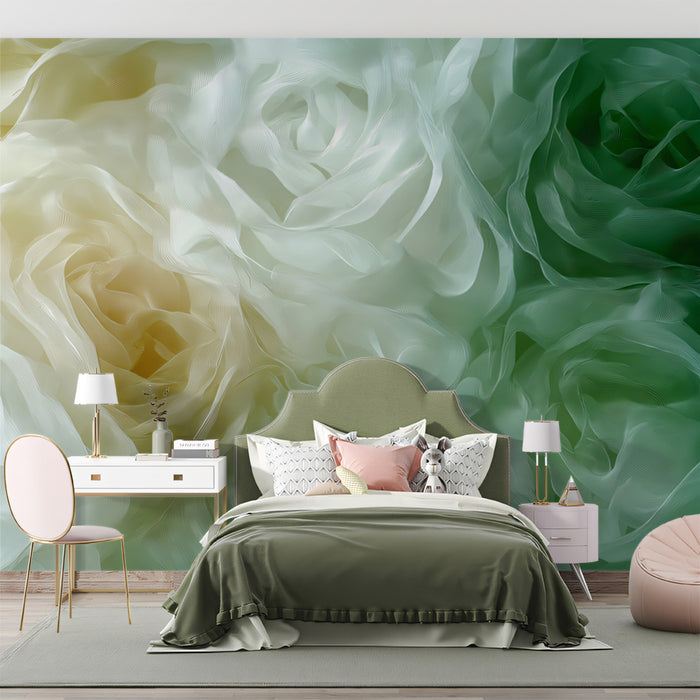 Soft Green and White Rose Mural Wallpaper, Custom Size, Peel & Stick or Premium