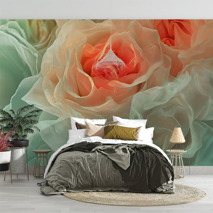 Peach and Mint Rose Mural Wallpaper, Custom Size, Peel & Stick or Premium