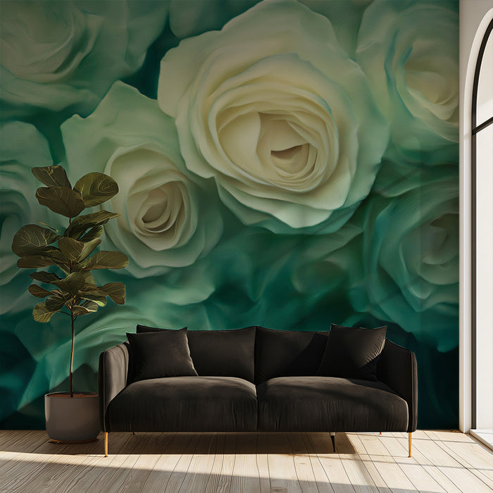Teal und Creme Rose Wandtapete, kundenspezifische Größe, Peel & Stick oder Premium,