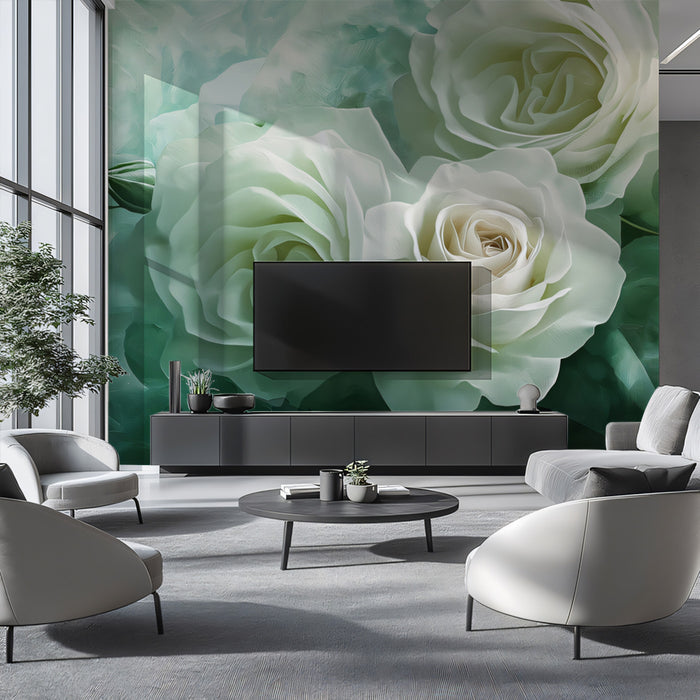 Soft White Rose Mural Wallpaper, Custom Size, Peel & Stick or Premium