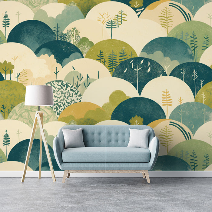 Carta da parati murale astratto Forest Hills | Verde Giallo Blu e Beige
