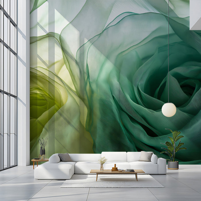 Abstract Green Floral Mural Wallpaper, Artistic Fabric Texture Wall Decor, Modern Botanical Wall Art for Bedroom or Living Room