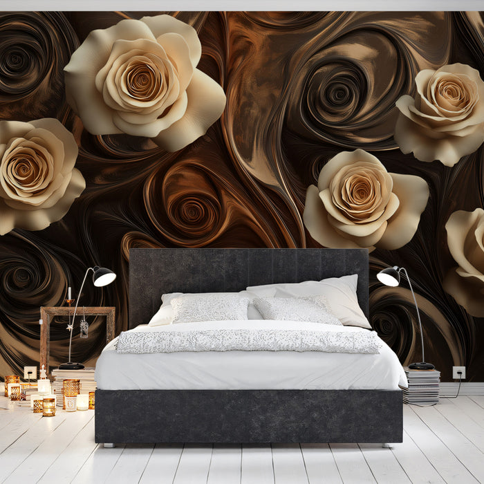 Luxury Cream Rose Mural Wallpaper, Abstract Swirl Pattern Wall Decor in Black and Bronze, Elegant Floral Art for Living Room or Bar