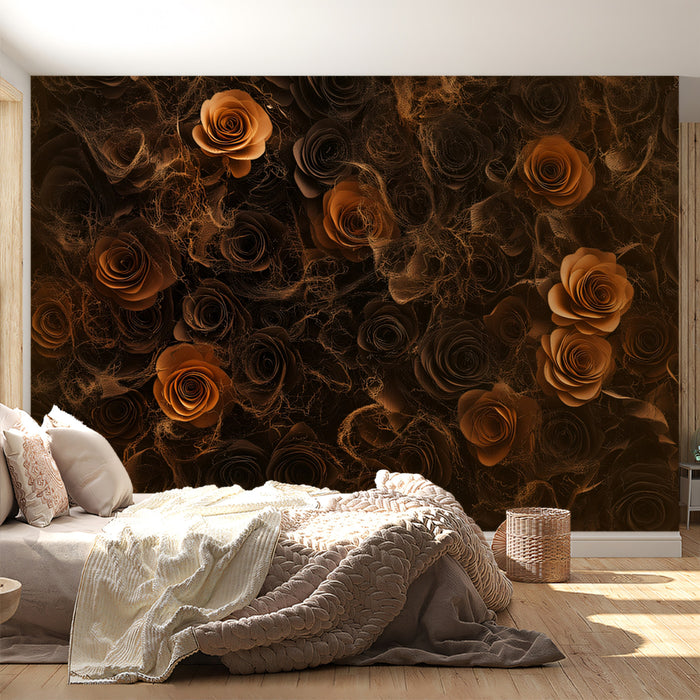Dunkelrote Rosen-Mural-Wandtapete, Luxuriöse schwarze und bronzene Blumenwanddekoration, Dramatisches botanisches Kunstwerk für Schlafzimmer, Wohnzimmer, Bar oder Hotel