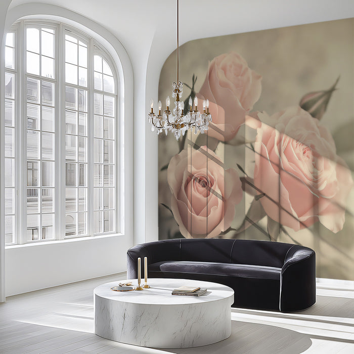 Vintage Soft Pink Rose Mural Wallpaper, Romantic Floral Wall Decor in Warm Pastel Tones, Elegant Botanical Art for Bedroom or Cafe