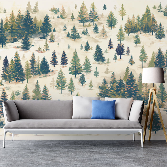 Wald im Nebel Wandbildtapete | Grün, Beige und Braun -1