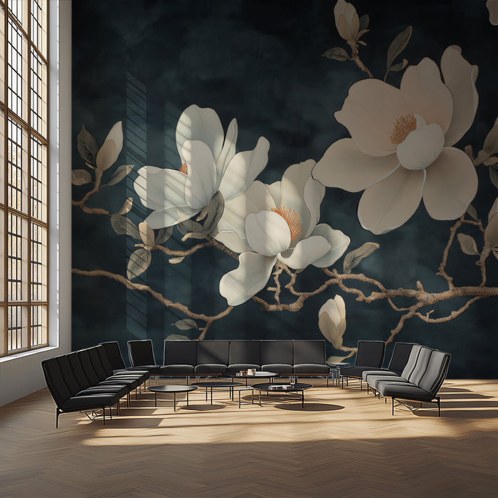 Elegante Parete Murale Magnolia, Decorazione Murale Floreale Artistica con Sfondo Scuro, Arte Botanica Intemporanea per Camera da Letto o Sala da Pranzo