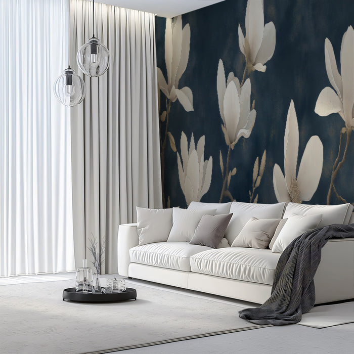 White Magnolia Mural Wallpaper, Elegant Botanical Wall Decor, Classic Floral Art with Dark Blue Background for Bedroom or Living Room