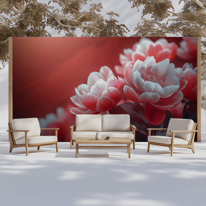 Red and White Peony Floral Mural Wallpaper, Romantic Botanical Wall Decor, Elegant Flower Art for Bedroom, Living Room or Studio