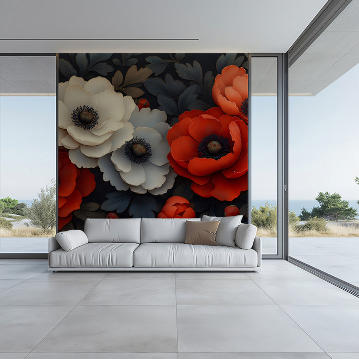 Bold Red and White Floral Mural Wallpaper, Artistic Anemone Flower Wall Art, Modern Home Decor for Living Room or Bedroom