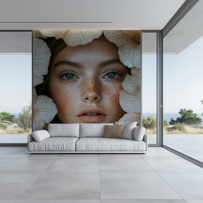 Murale floreale capriccioso con ritratto di ragazza, arte da parete di petunie beige e bianche morbide, decorazione elegante e moderna per casa per camera da letto o soggiorno.