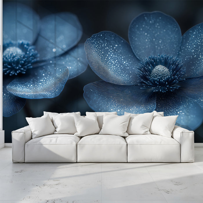 Elegant Blue Floral Mural with Dew Drops, Anemone Wallpaper, Dreamy and Modern Botanical Wall Art for Bedroom or Living Room