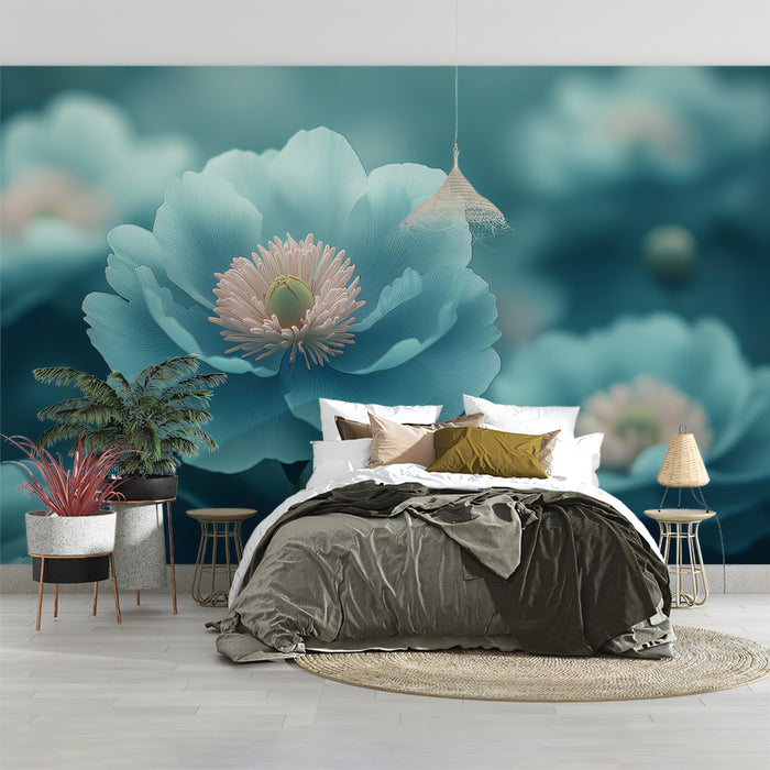Soft Blue Peony Flower Mural with Delicate Details, Floral Wallpaper, Elegant Modern Wall Art for Bedroom or Living Room