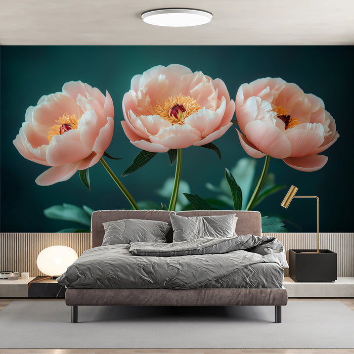 Murales de peonía de durazno delicada con detalles suaves, papel tapiz floral, arte de pared moderno y elegante para dormitorio o sala de estar.