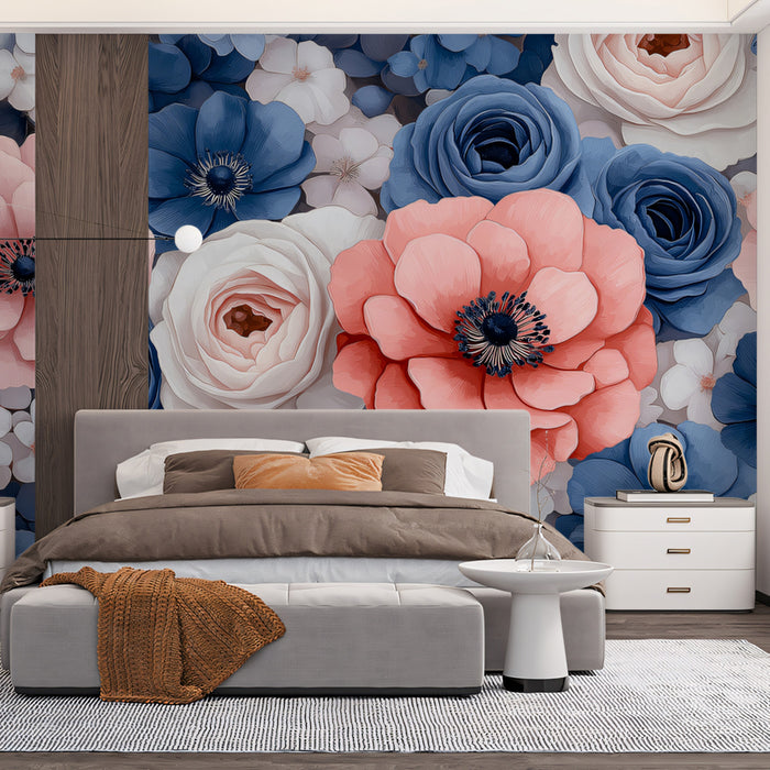 Vibrant Floral Mural with Coral, Navy & White Flowers, Elegant Modern Wallpaper for Bedroom or Living Room