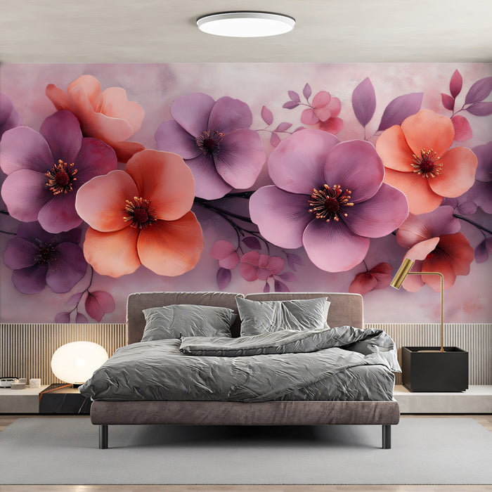 Rosa und Korallenfarbene Blumenmural Tapete, Eleganter Wasserfarben-Blüten Wandkunst, Moderne botanische Gestaltung für Schlafzimmer oder Wohnzimmer
