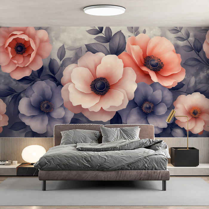 Pfirsich - und Lavendel - Blumenmural Wandbezug, Eleganter großer Blumenwandbild, Botanisches Wasserfarbendesign für Schlafzimmer oder Wohnzimmer