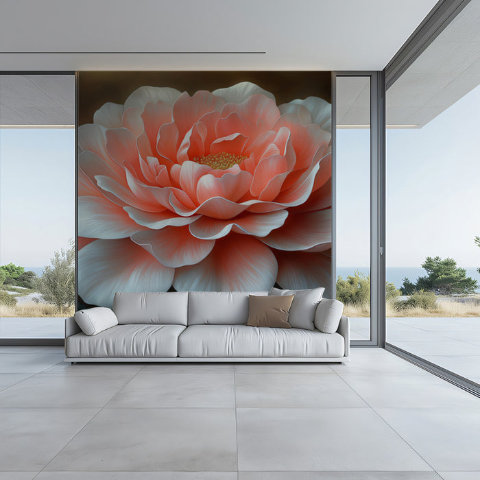 Koralle Pfingstrose Wandbild Tapete, Große botanische Blumenwandkunst, Moderner romantischer Blumenwandbild für Schlafzimmer- und Wohnzimmereinrichtung