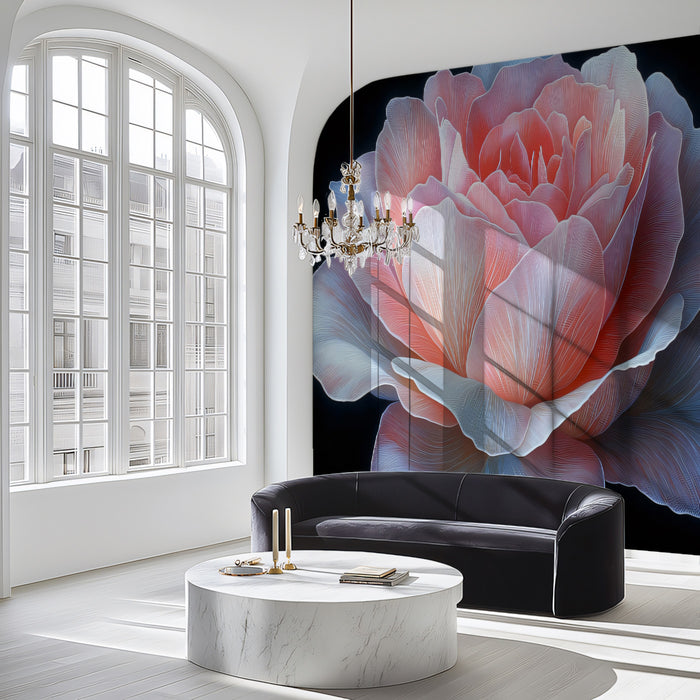 Papel tapiz mural de rosa azul rosado, gran arte mural botánico moderno, dramático mural floral para acento en dormitorio y sala de estar.