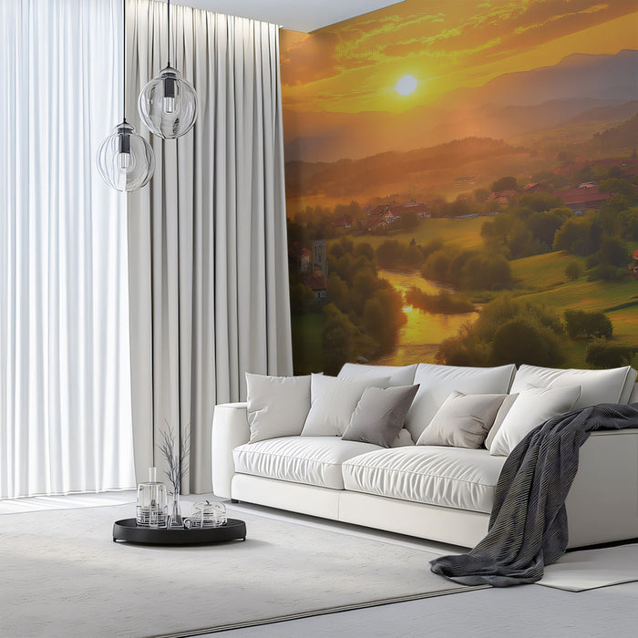 Sonnenuntergangsdorf Landschaftsmural Tapete, Wärmendes goldenes Naturwandbild, Landschaftsmural für Wohnzimmer und Schlafzimmer mit ländlichem Panorama