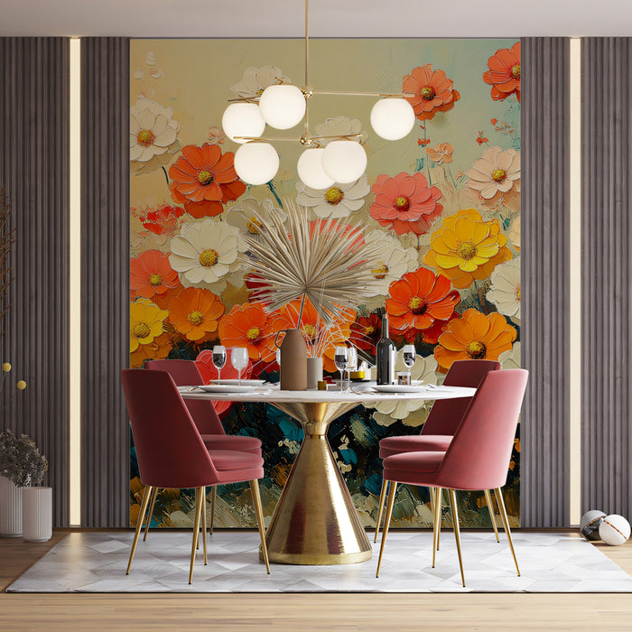 Bunte Blumen-Ölgemälde Wandmuster Tapete, Kunstvolle Blumenwandkunst, Abstrakter handbemalt Stil Tapete für Wohnzimmer und Schlafzimmer