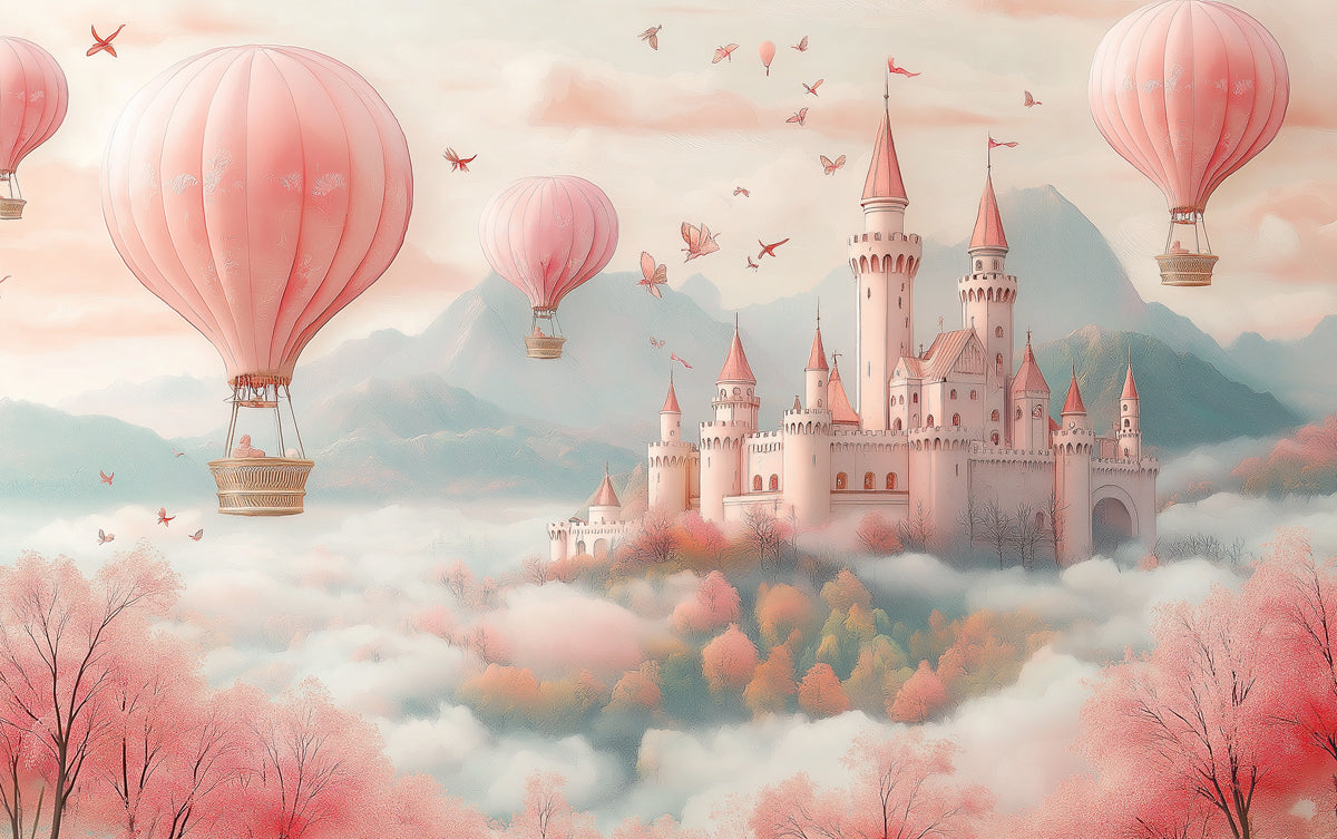 Papier peint mural Château de conte de fées, Ballons à air chaud roses ArtFantasy murale, Papier peint rêveur pour chambre d'enfants, Décoration magique pour nursery
