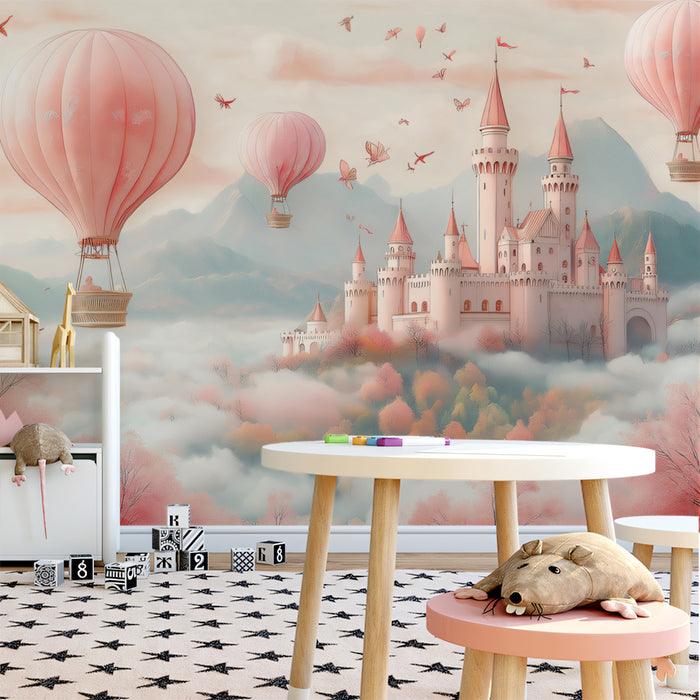Fairy Tale Castle Mural Wallpaper, Pink Hot Air Balloons Fantasy Wall Art, Dreamy Kids Room Wallpaper, Magical Nursery Decor