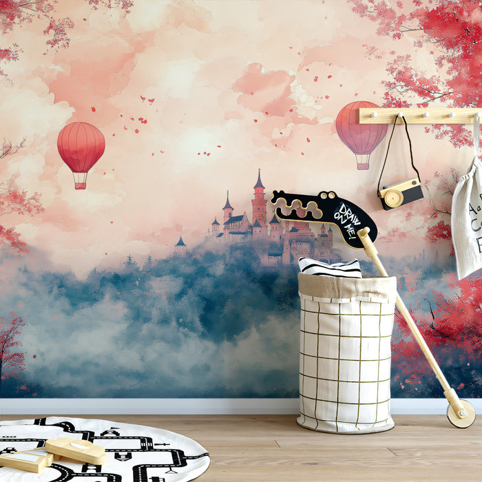 Mur peint Fantaisie Château, Art mural Ballons à air chaud Forêt Rouge, Décoration murale Magique pour Chambre d'enfant Crèche, Mur peint Conte de fées Onirique
