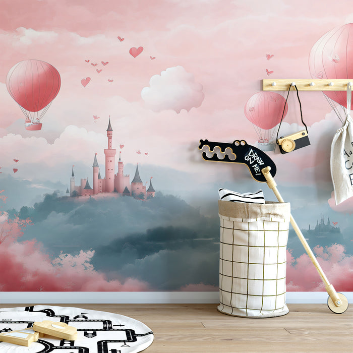 Romantic Skies Castle Mural Wallpaper | Heart-Filled Hot Air Balloons