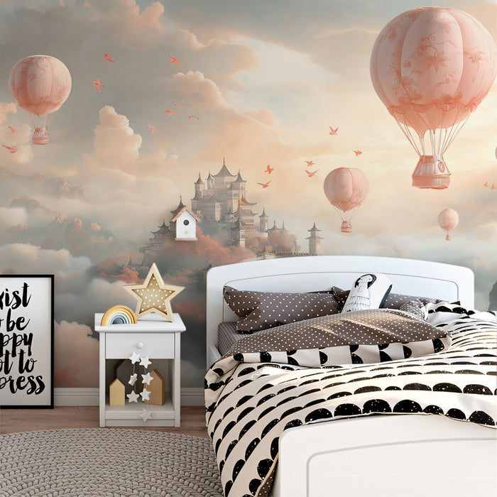 Misty Peak Castle Mural Wallpaper | Ethereal Hot Air Journey