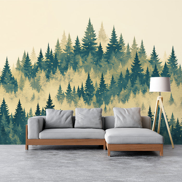 Misty Forest Wandbildtapete | Grün, Blau und Beige Wald -1