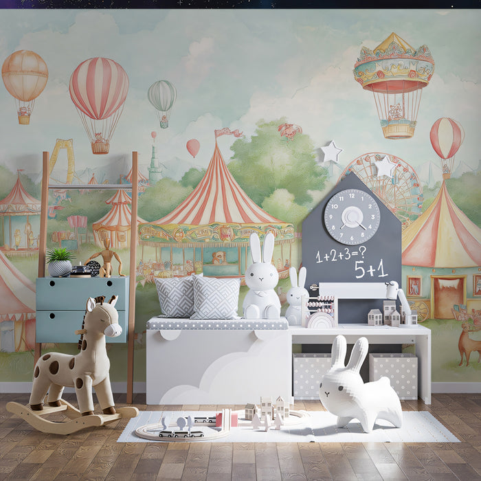 Vintage Fairground Wallpaper Mural | Soft Carnival Scene with Hot Air Balloons