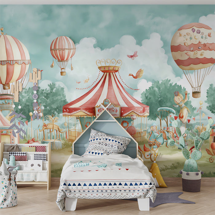 Circus Adventure Mural Wallpaper | Whimsical Fairground Scene for Kids Room