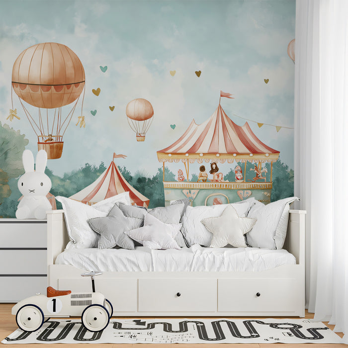 Hot Air Balloon Mural Wallpaper | Dreamy Carnival Illustration for Kids Interiors