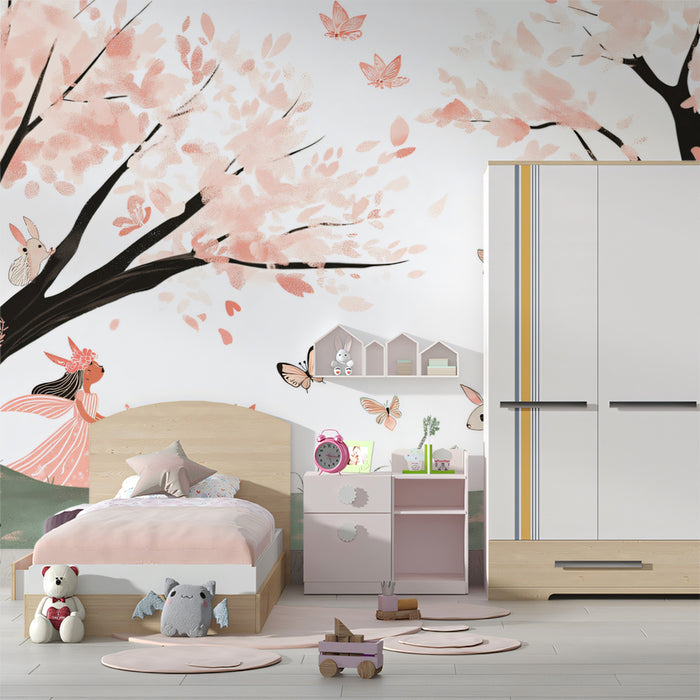Cherry Blossom Fairy Woodland Wallpaper | Blush Pink Nature Scene with Animals